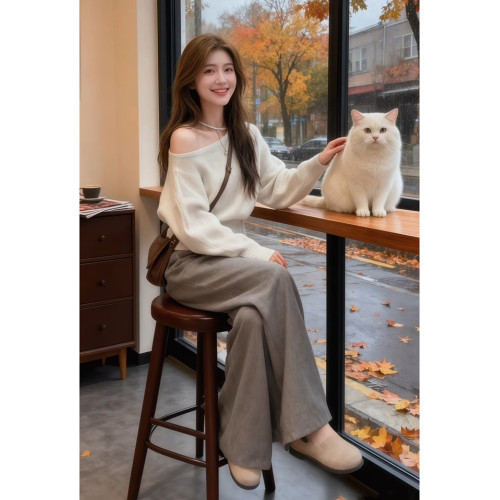 韓系慵懶風斜肩長袖針織衫女早秋季新款氣質復古百搭露肩短款上衣 韓系慵懶風斜肩長袖針織衫女早秋季新款氣質復古百搭露肩短款上衣