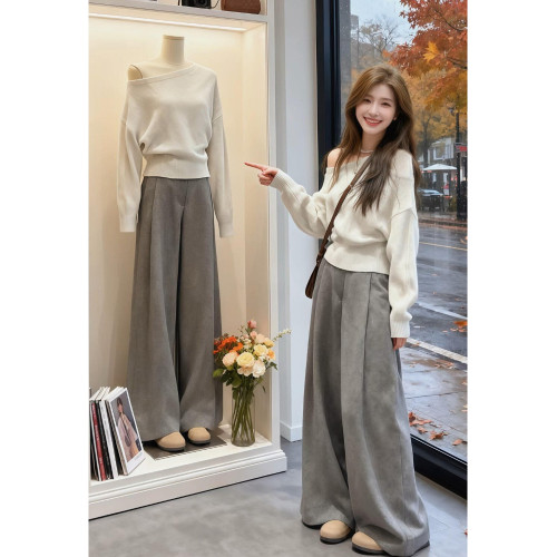 韓系慵懶風斜肩長袖針織衫女早秋季新款氣質復古百搭露肩短款上衣 韓系慵懶風斜肩長袖針織衫女早秋季新款氣質復古百搭露肩短款上衣