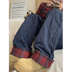 格子加絨加厚棉褲女秋冬防風小個子直筒褲2025新款寬松濶腿褲子女