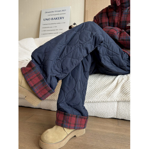 格子加絨加厚棉褲女秋冬防風小個子直筒褲2025新款寬松濶腿褲子女 格子加絨加厚棉褲女秋冬防風小個子直筒褲2025新款寬松濶腿褲子女