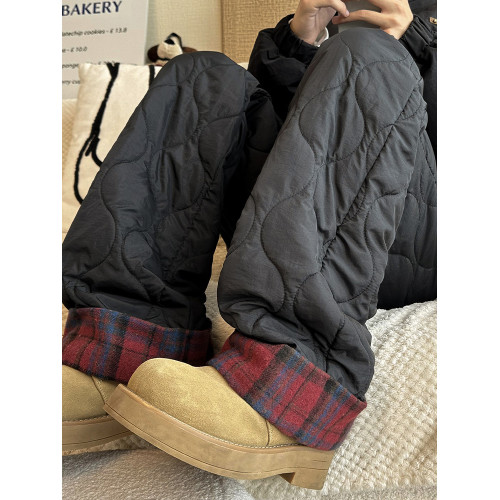 格子加絨加厚棉褲女秋冬防風小個子直筒褲2025新款寬松濶腿褲子女 格子加絨加厚棉褲女秋冬防風小個子直筒褲2025新款寬松濶腿褲子女