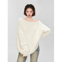 奶fufu白色斜肩露肩馬海毛毛衣女秋冬加厚水貂絨一字肩軟糯針織衫