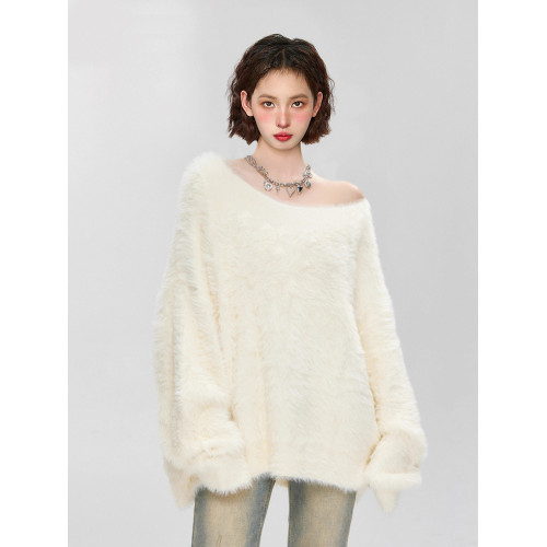 奶fufu白色斜肩露肩馬海毛毛衣女秋冬加厚水貂絨一字肩軟糯針織衫 奶fufu白色斜肩露肩馬海毛毛衣女秋冬加厚水貂絨一字肩軟糯針織衫