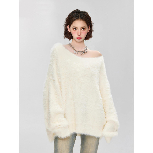 奶fufu白色斜肩露肩馬海毛毛衣女秋冬加厚水貂絨一字肩軟糯針織衫 奶fufu白色斜肩露肩馬海毛毛衣女秋冬加厚水貂絨一字肩軟糯針織衫