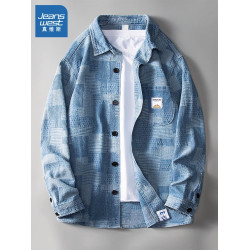 真維斯秋冬季牛仔外套男士潮牌2025新款寬松痞帥休閒格紋襯衫上衣