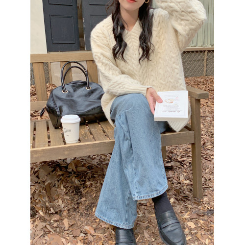 藍色奶系V領麻花套頭毛衣女2024秋冬新款韓系穿搭慵懶寬松上衣厚 藍色奶系V領麻花套頭毛衣女2024秋冬新款韓系穿搭慵懶寬松上衣厚