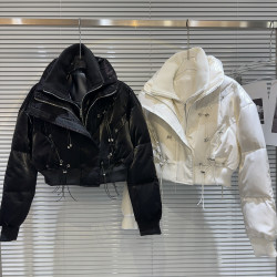 網紅同款2025冬季新款小衆辣妹抽繩綁帶雙層領亮面保暖羽絨服外套