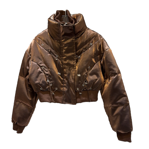 網紅同款2025冬季新款小衆辣妹抽繩綁帶雙層領亮面保暖羽絨服外套 網紅同款2025冬季新款小衆辣妹抽繩綁帶雙層領亮面保暖羽絨服外套