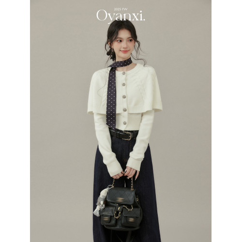 歐陽喜《 松綠玫瑰》鬥篷披肩獨特別致毛衣開衫女秋季假兩件上衣