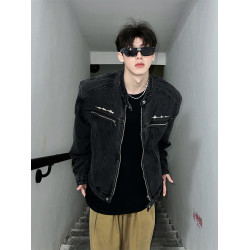 短款墊肩牛仔外套男裝重磅美式高級感痞帥潮牌立領水洗牛仔衣夾克