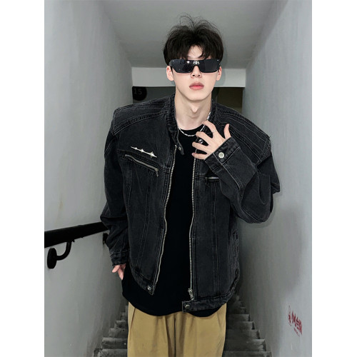 短款墊肩牛仔外套男裝重磅美式高級感痞帥潮牌立領水洗牛仔衣夾克 短款墊肩牛仔外套男裝重磅美式高級感痞帥潮牌立領水洗牛仔衣夾克