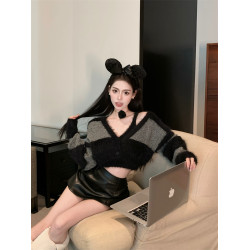 復古撞色條紋v領毛衣外套女裝秋季拼接馬海毛針織開衫美拉德上衣