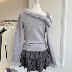 weiwei日系美衣韓系斜肩毛領拼接麻花毛衣女冬慵懶露肩針織衫上衣