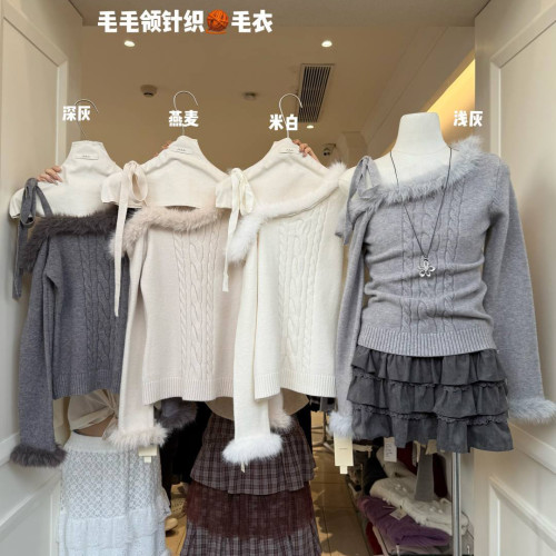 weiwei日系美衣韓系斜肩毛領拼接麻花毛衣女冬慵懶露肩針織衫上衣 weiwei日系美衣韓系斜肩毛領拼接麻花毛衣女冬慵懶露肩針織衫上衣