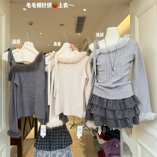 weiwei日系美衣韓系斜肩毛領拼接麻花毛衣女冬慵懶露肩針織衫上衣 weiwei日系美衣韓系斜肩毛領拼接麻花毛衣女冬慵懶露肩針織衫上衣