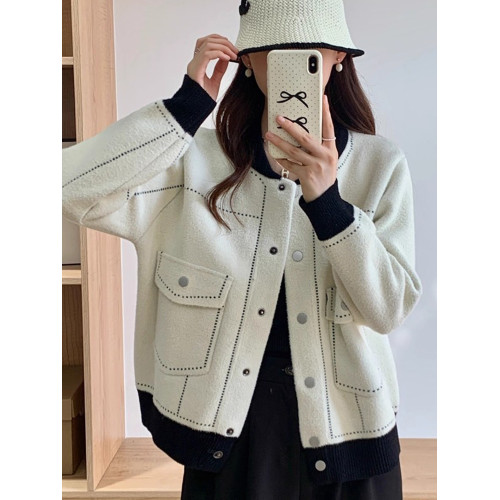 棒球服春秋裝外套女新款氣質休閒上衣寬松顯瘦仿雙面呢子針織開衫 棒球服春秋裝外套女新款氣質休閒上衣寬松顯瘦仿雙面呢子針織開衫