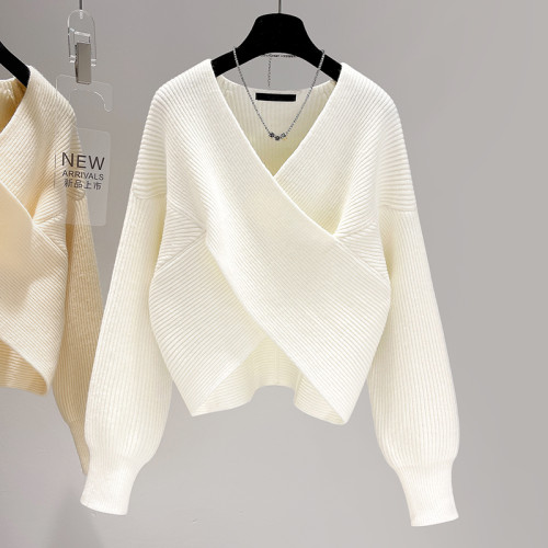 毛衣女秋冬小個子溫柔風奶系穿搭設計感小衆交叉針織衫套頭上衣 毛衣女秋冬小個子溫柔風奶系穿搭設計感小衆交叉針織衫套頭上衣