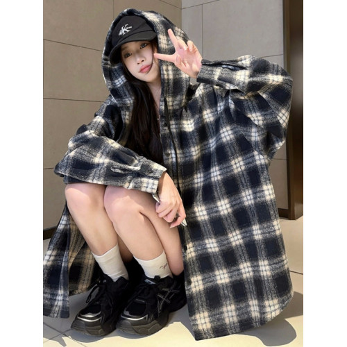 秋款磨毛大碼寬松休閒格子連帽襯衫外套時尚百搭慵懶長袖襯衣外搭 秋款磨毛大碼寬松休閒格子連帽襯衫外套時尚百搭慵懶長袖襯衣外搭