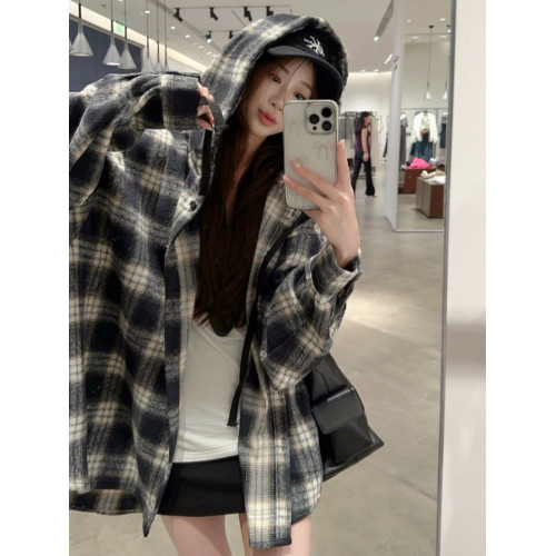 秋款磨毛大碼寬松休閒格子連帽襯衫外套時尚百搭慵懶長袖襯衣外搭 秋款磨毛大碼寬松休閒格子連帽襯衫外套時尚百搭慵懶長袖襯衣外搭