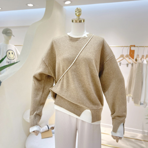 百搭純色簡約拼接假兩件寬鬆顯瘦高級磨破圓領針織毛衣女單穿上衣