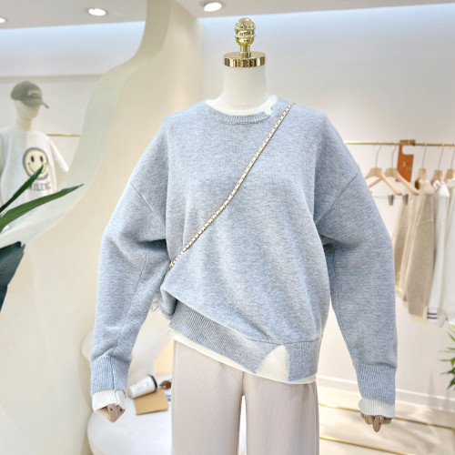 百搭純色簡約拼接假兩件寬鬆顯瘦高級磨破圓領針織毛衣女單穿上衣