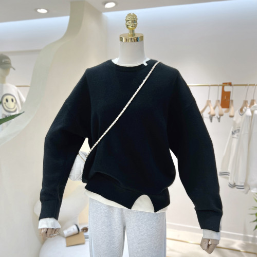 百搭純色簡約拼接假兩件寬鬆顯瘦高級磨破圓領針織毛衣女單穿上衣