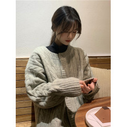 2025秋冬新款麻花毛衣女寬松外穿韓版慵懶風灰色針織開衫外套加厚