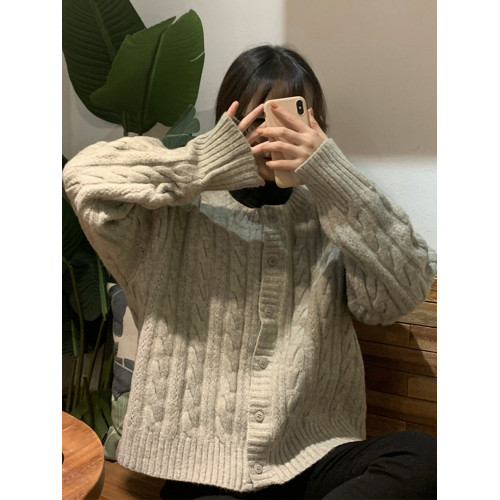 2025秋冬新款麻花毛衣女寬松外穿韓版慵懶風灰色針織開衫外套加厚 2025秋冬新款麻花毛衣女寬松外穿韓版慵懶風灰色針織開衫外套加厚