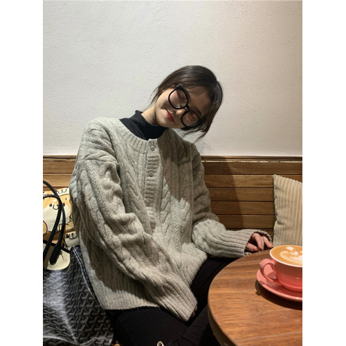 2025秋冬新款麻花毛衣女寬松外穿韓版慵懶風灰色針織開衫外套加厚 2025秋冬新款麻花毛衣女寬松外穿韓版慵懶風灰色針織開衫外套加厚