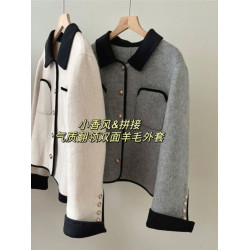 灰色雙面呢羊絨大衣女短款設計感小衆翻領小香風水貂絨針織短外套