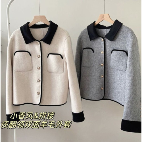 灰色雙面呢羊絨大衣女短款設計感小衆翻領小香風水貂絨針織短外套 灰色雙面呢羊絨大衣女短款設計感小衆翻領小香風水貂絨針織短外套