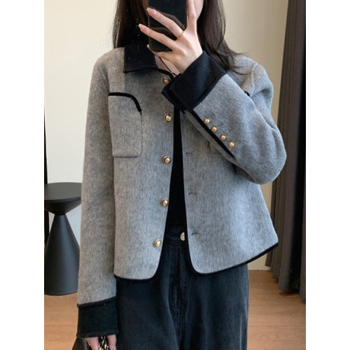 灰色雙面呢羊絨大衣女短款設計感小衆翻領小香風水貂絨針織短外套 灰色雙面呢羊絨大衣女短款設計感小衆翻領小香風水貂絨針織短外套