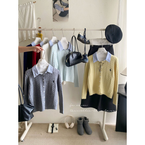 韓日簡約氣質撞色POLO假兩件麻花針織衫女秋冬刺綉寬松毛衣小外套 韓日簡約氣質撞色POLO假兩件麻花針織衫女秋冬刺綉寬松毛衣小外套