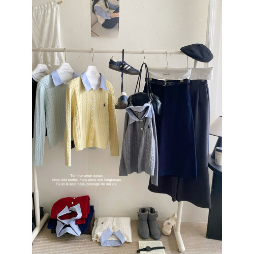 韓日簡約氣質撞色POLO假兩件麻花針織衫女秋冬刺綉寬松毛衣小外套 韓日簡約氣質撞色POLO假兩件麻花針織衫女秋冬刺綉寬松毛衣小外套