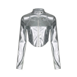 EAST WIND 高街辣妹金屬感PU亮皮立領拉鍊外套不規則露腰顯瘦上衣