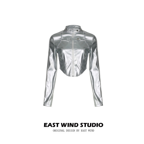 EAST WIND 高街辣妹金屬感PU亮皮立領拉鍊外套不規則露腰顯瘦上衣 EAST WIND 高街辣妹金屬感PU亮皮立領拉鍊外套不規則露腰顯瘦上衣