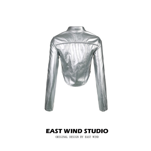 EAST WIND 高街辣妹金屬感PU亮皮立領拉鍊外套不規則露腰顯瘦上衣 EAST WIND 高街辣妹金屬感PU亮皮立領拉鍊外套不規則露腰顯瘦上衣