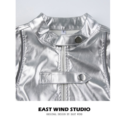 EAST WIND 高街辣妹金屬感PU亮皮立領拉鍊外套不規則露腰顯瘦上衣 EAST WIND 高街辣妹金屬感PU亮皮立領拉鍊外套不規則露腰顯瘦上衣