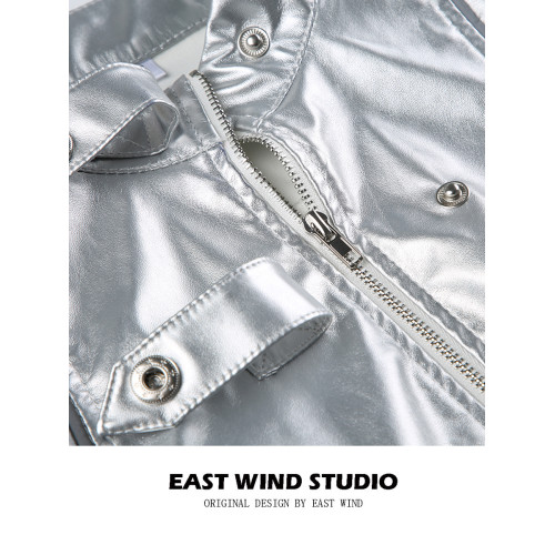 EAST WIND 高街辣妹金屬感PU亮皮立領拉鍊外套不規則露腰顯瘦上衣 EAST WIND 高街辣妹金屬感PU亮皮立領拉鍊外套不規則露腰顯瘦上衣