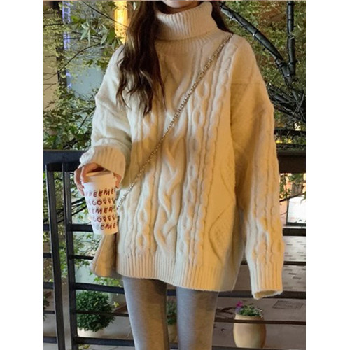 麻花高領毛衣女秋冬外穿小個子慵懶風寬松加厚套頭白色針織上衣 麻花高領毛衣女秋冬外穿小個子慵懶風寬松加厚套頭白色針織上衣