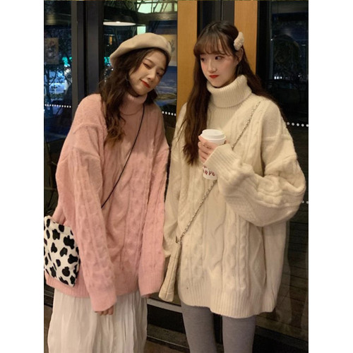 麻花高領毛衣女秋冬外穿小個子慵懶風寬松加厚套頭白色針織上衣 麻花高領毛衣女秋冬外穿小個子慵懶風寬松加厚套頭白色針織上衣