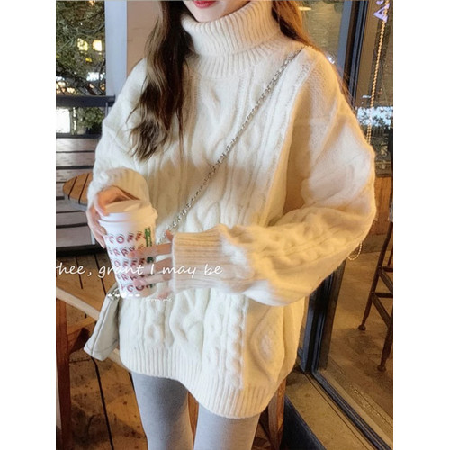 麻花高領毛衣女秋冬外穿小個子慵懶風寬松加厚套頭白色針織上衣 麻花高領毛衣女秋冬外穿小個子慵懶風寬松加厚套頭白色針織上衣