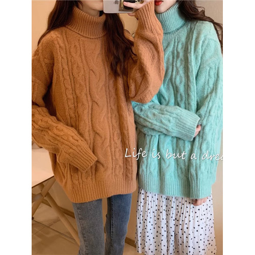 麻花高領毛衣女秋冬外穿小個子慵懶風寬松加厚套頭白色針織上衣 麻花高領毛衣女秋冬外穿小個子慵懶風寬松加厚套頭白色針織上衣