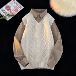 男士假兩件襯衫領毛衣男冬加絨加厚針織衫男裝冬天內搭打底衫上衣