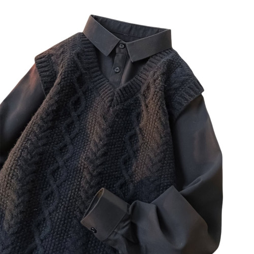 男士假兩件襯衫領毛衣男冬加絨加厚針織衫男裝冬天內搭打底衫上衣