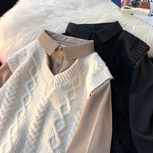 男士假兩件襯衫領毛衣男冬加絨加厚針織衫男裝冬天內搭打底衫上衣