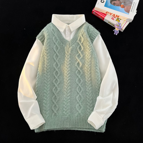 男士假兩件襯衫領毛衣男冬加絨加厚針織衫男裝冬天內搭打底衫上衣