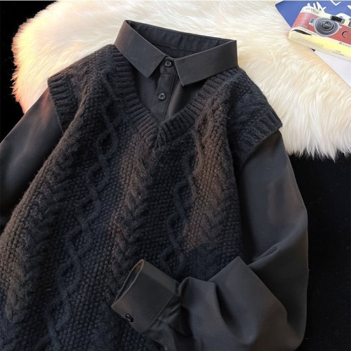 男士假兩件襯衫領毛衣男冬加絨加厚針織衫男裝冬天內搭打底衫上衣