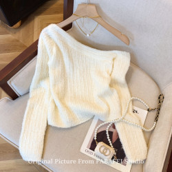 純欲斜領露肩毛衣女2025秋季修身內搭軟糯針織衫純欲一字肩小上衣