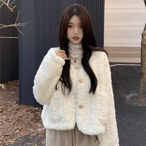 仿羊羔毛外套女秋冬2022新款韓版設計感V領寬松短款長袖棉衣棉服 仿羊羔毛外套女秋冬2022新款韓版設計感V領寬松短款長袖棉衣棉服